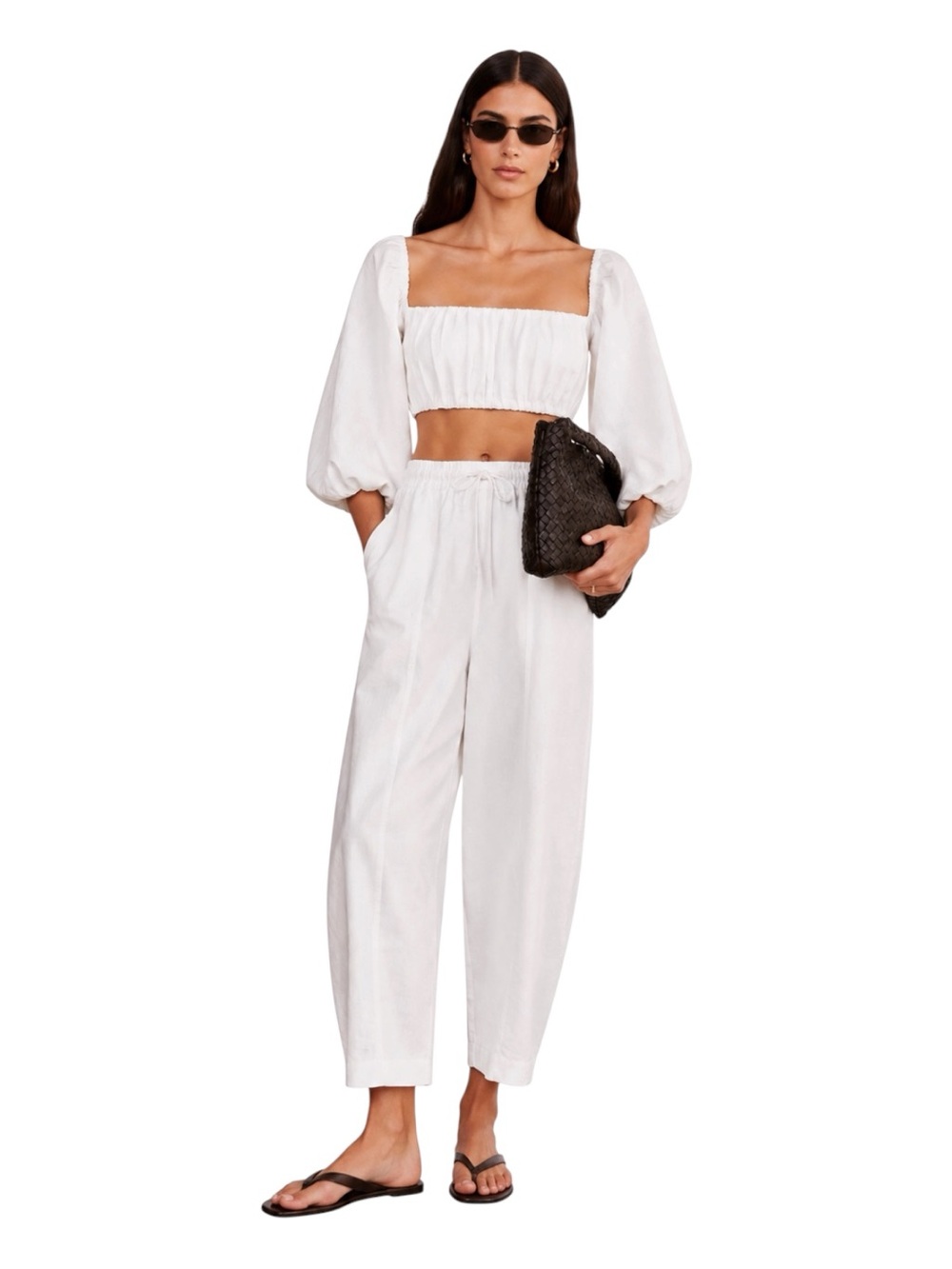Dissh 100% Linen White Bandeau Top | Women’s 12 | Puff Sleeve Boho Minimalist